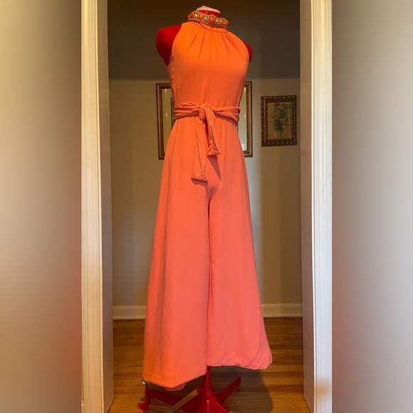 VTG 60s / 70s Coral Halter Wide / Balloon Leg Jumpsuit W Embellished Collar - Picture 9 of 13